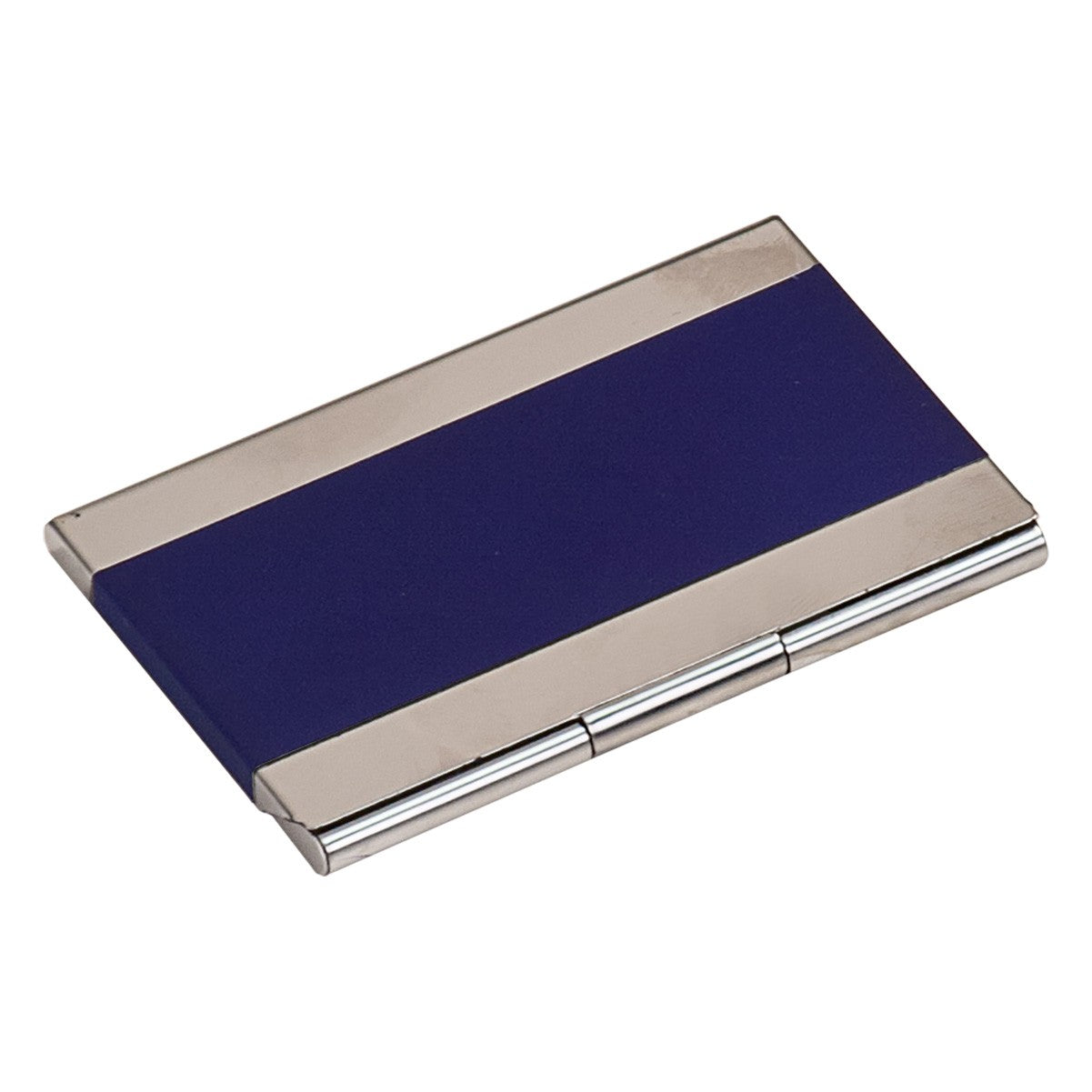 Blue cardholder with silver border on a white background