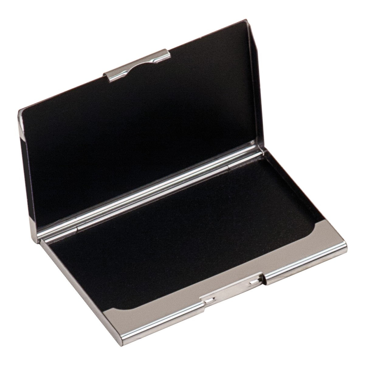 Black business card holder with silver trim on a white background