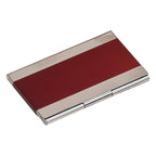 Red and silver business card holder on a white background