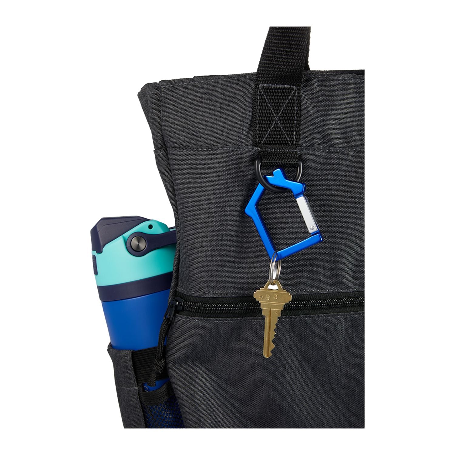Black bag with a blue house shaped carabiner