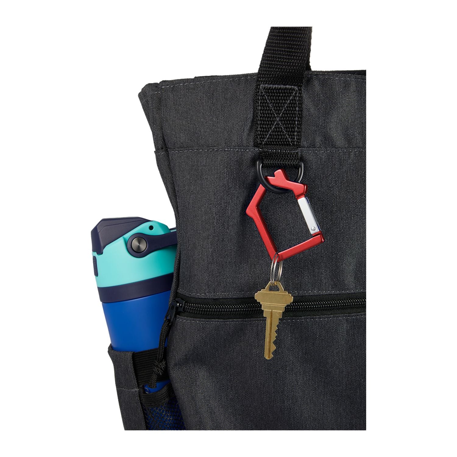 Black bag with a red house shaped carabiner