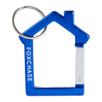 Blue house-shaped keychain with a custom logo
