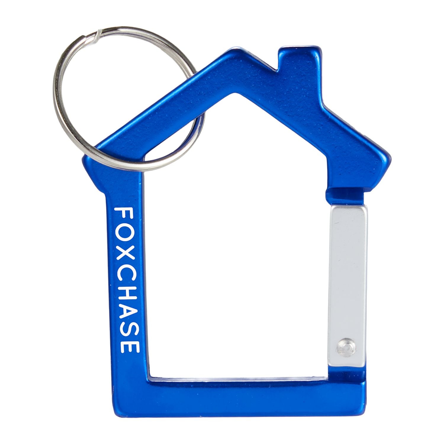 Blue house-shaped keychain with a custom logo