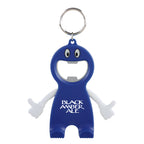 Blue bottle opener keychain with Logo on a white background
