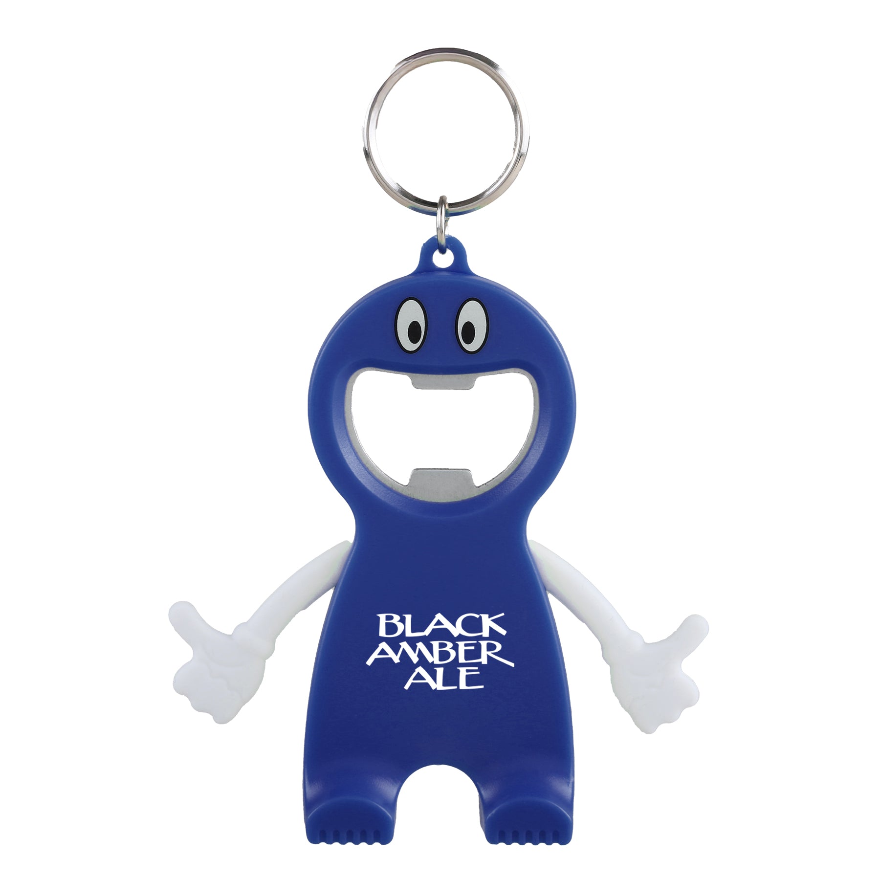 Blue bottle opener keychain with Logo on a white background