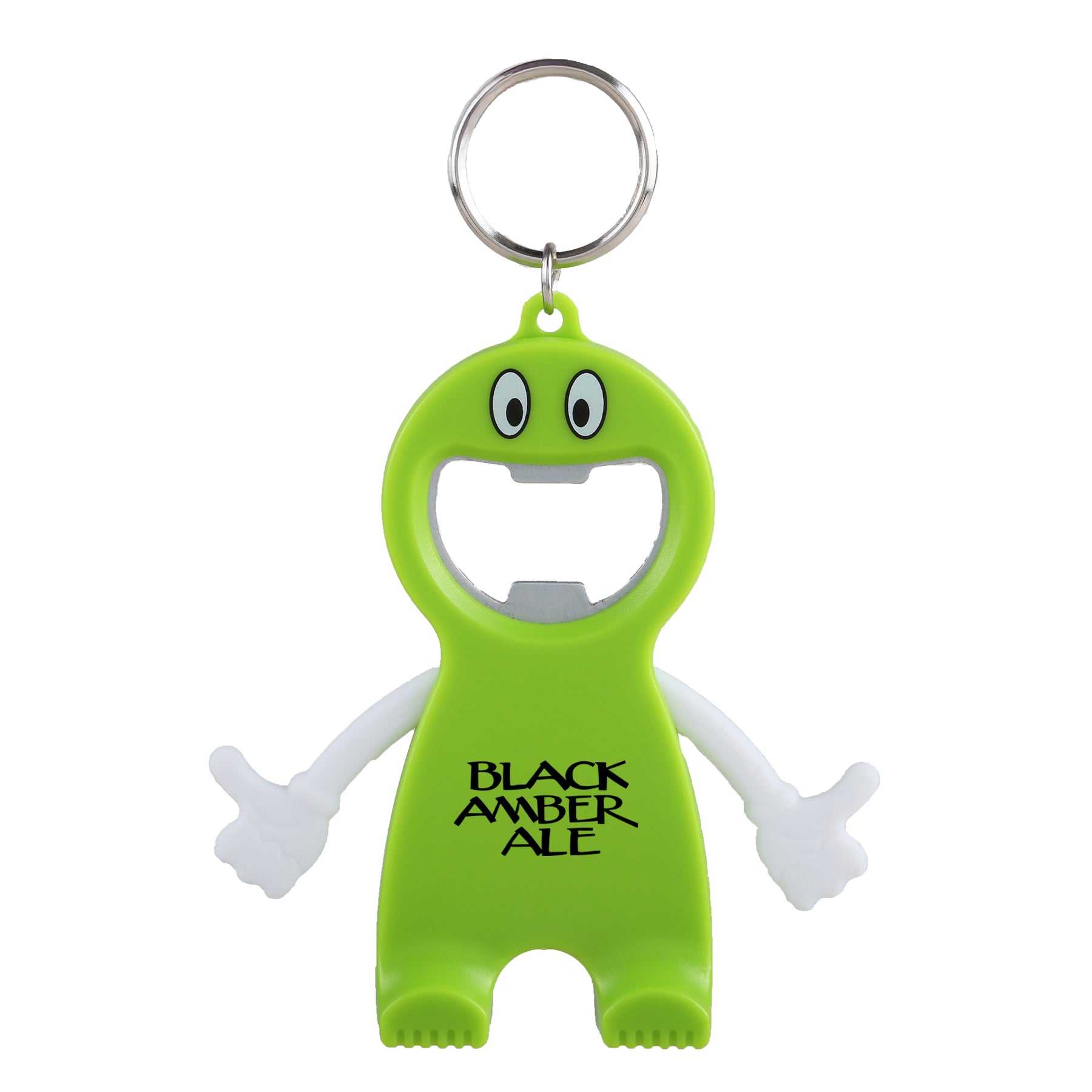 Lime Green bottle opener keychain with Logo on a white background