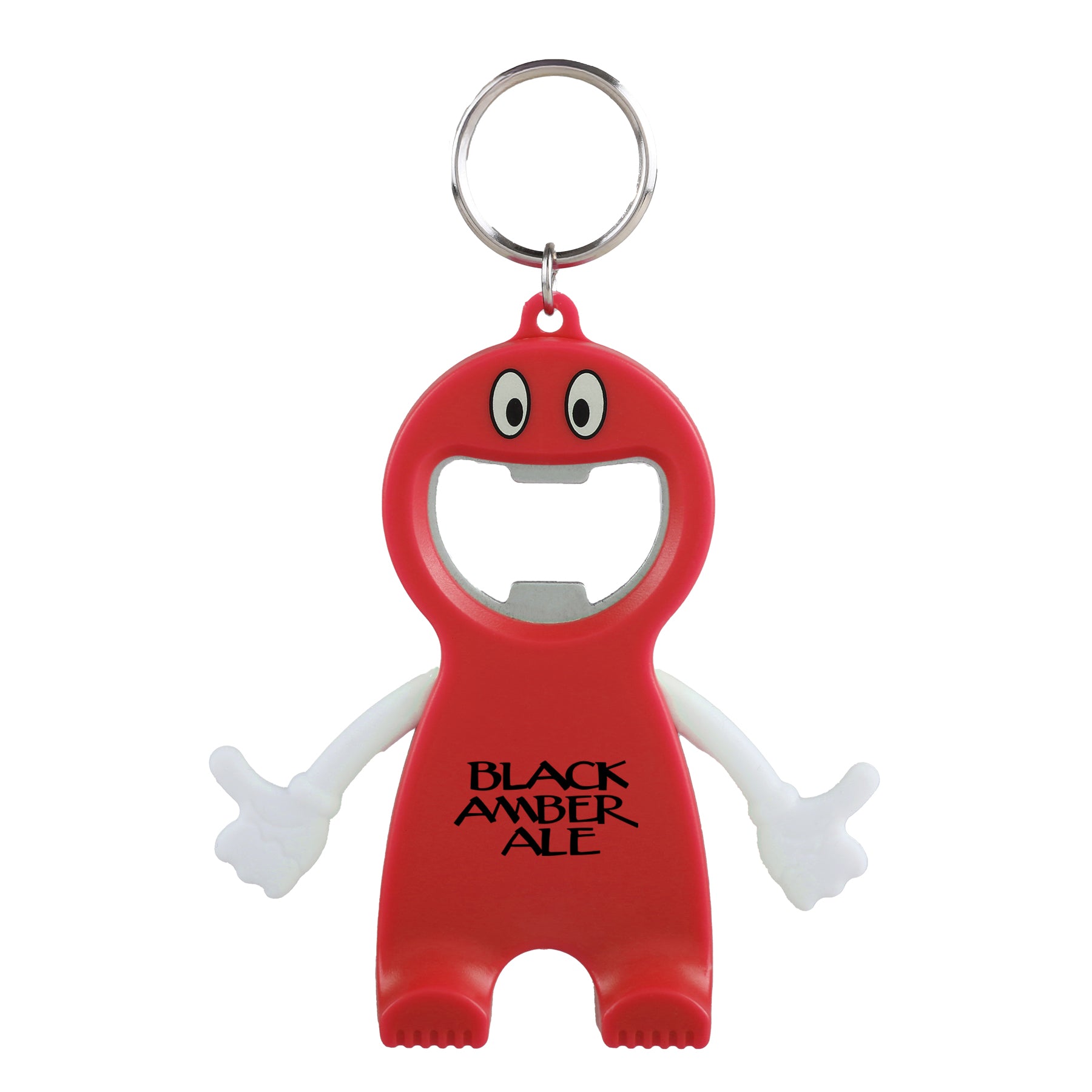 Red bottle opener keychain with Logo on a white background