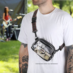 A man wearing a white t-shirt outdoors, showcasing a Clear Crossbody Sports Packg with a black strap and a colorful patterned strap. The phone bag contains a smartphone and sunglasses.