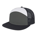Black and gray trucker cap with white mesh back on a white background