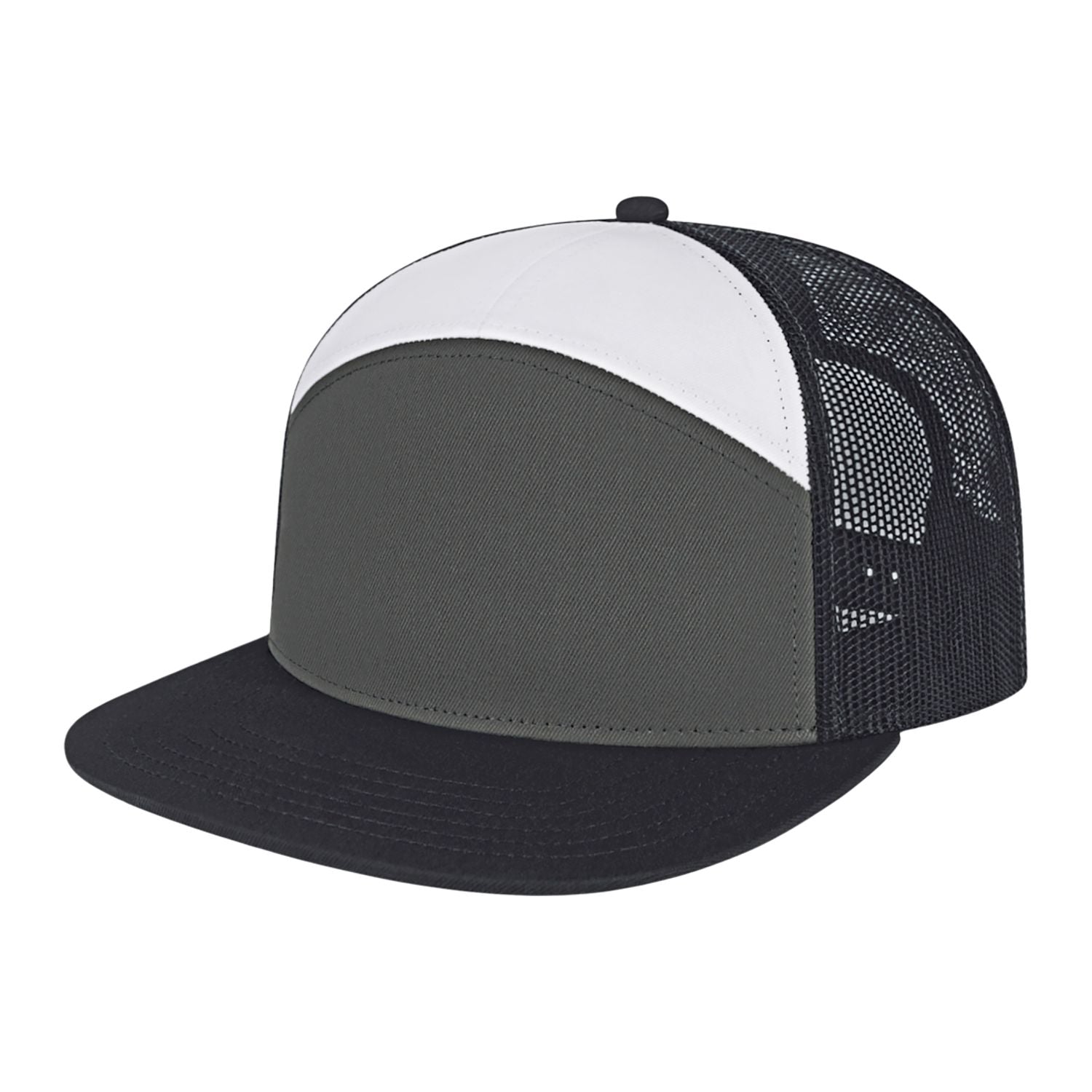 Black and gray trucker cap with white mesh back on a white background