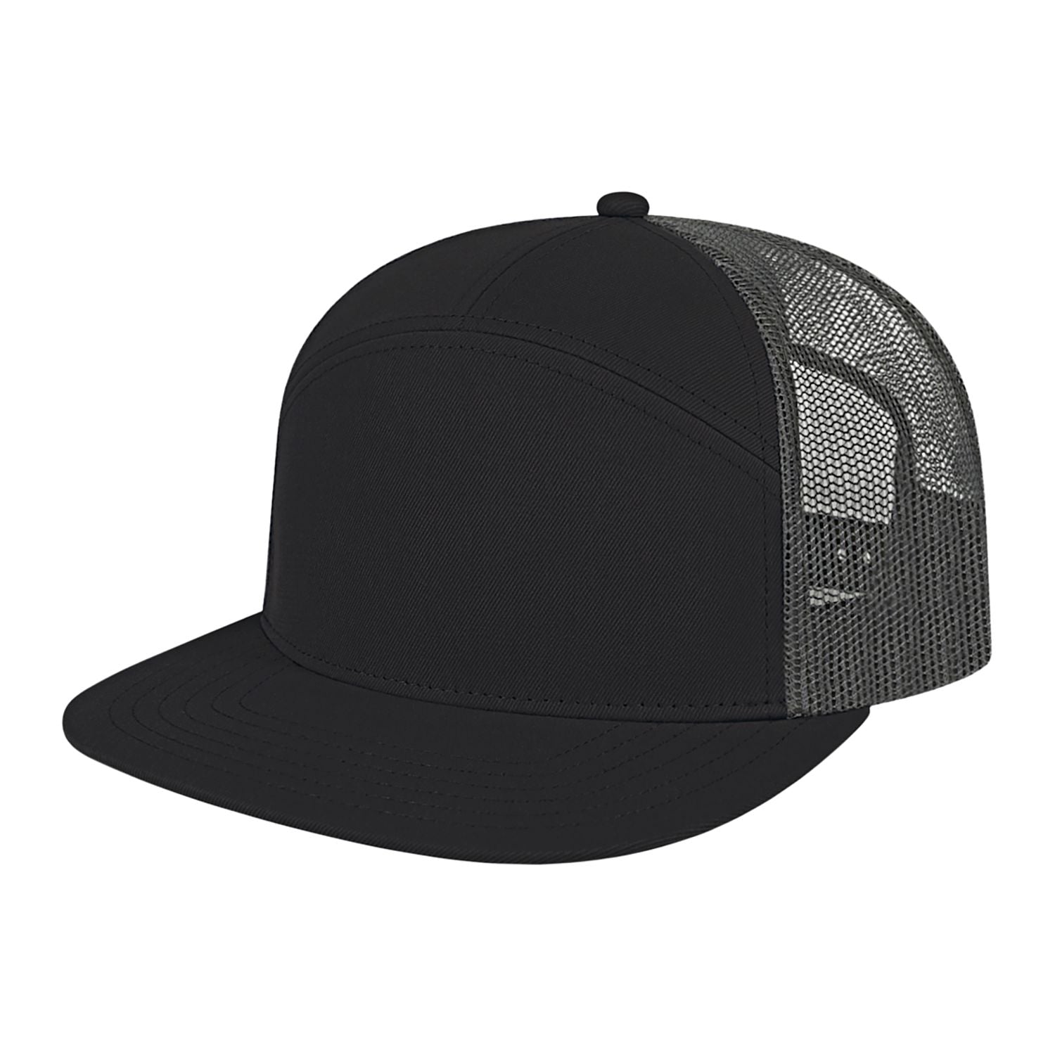 Black trucker cap with mesh back on a white background