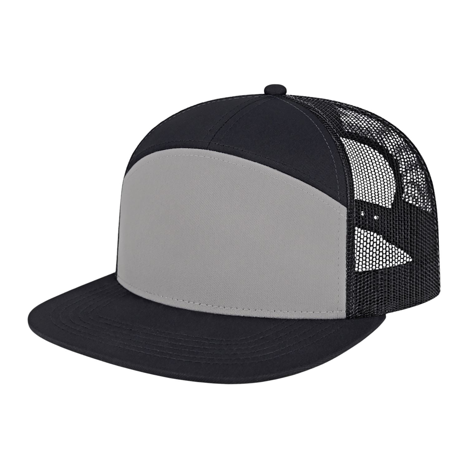 Black and gray trucker cap with mesh back on a white background