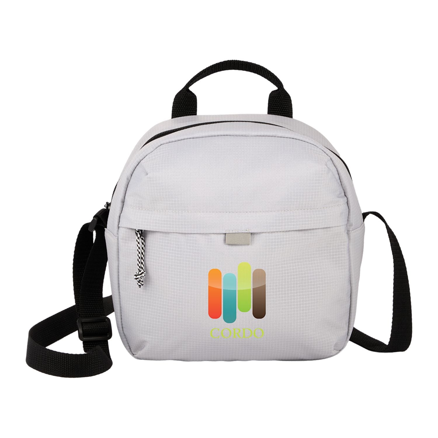 White backpack with colorful logo on a white background