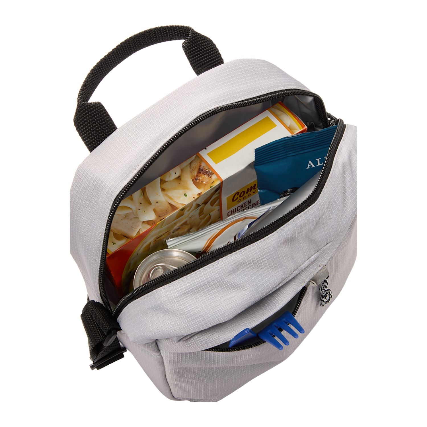 Gray backpack with food items and utensils on a white background