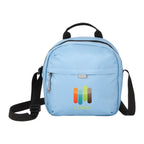 Light blue backpack with a colorful logo on a white background