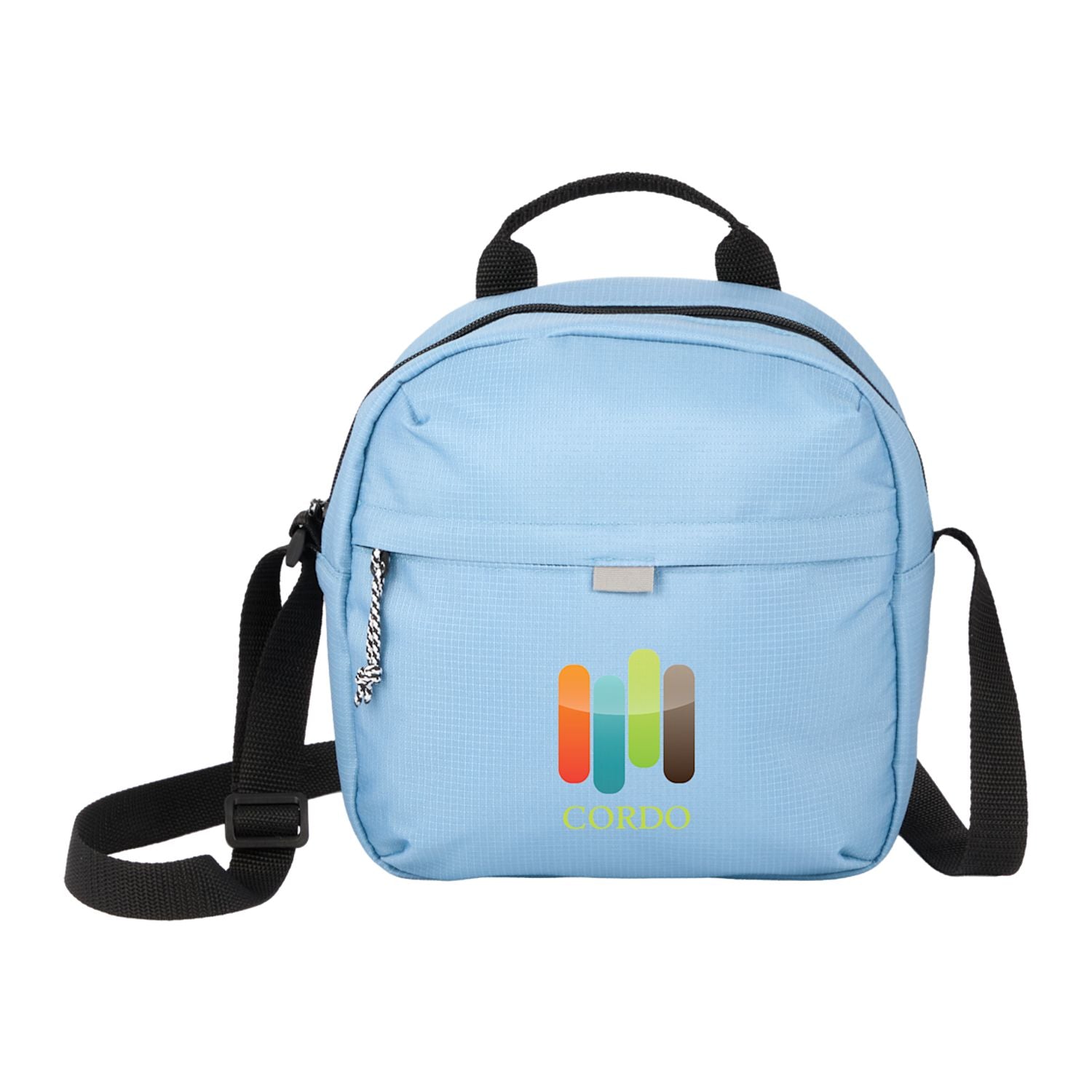 Light blue backpack with a colorful logo on a white background