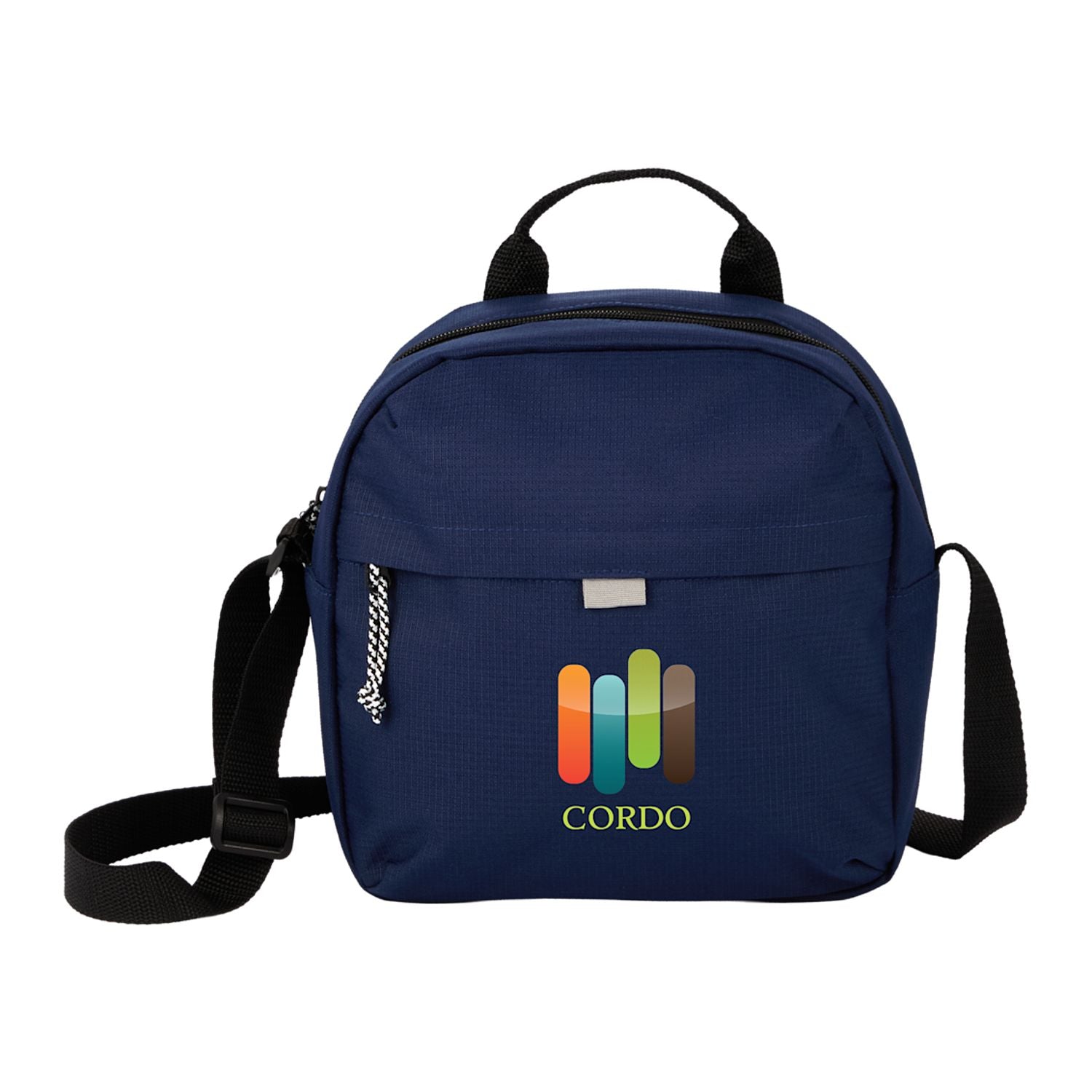 Navy blue backpack with colorful logo on a white background