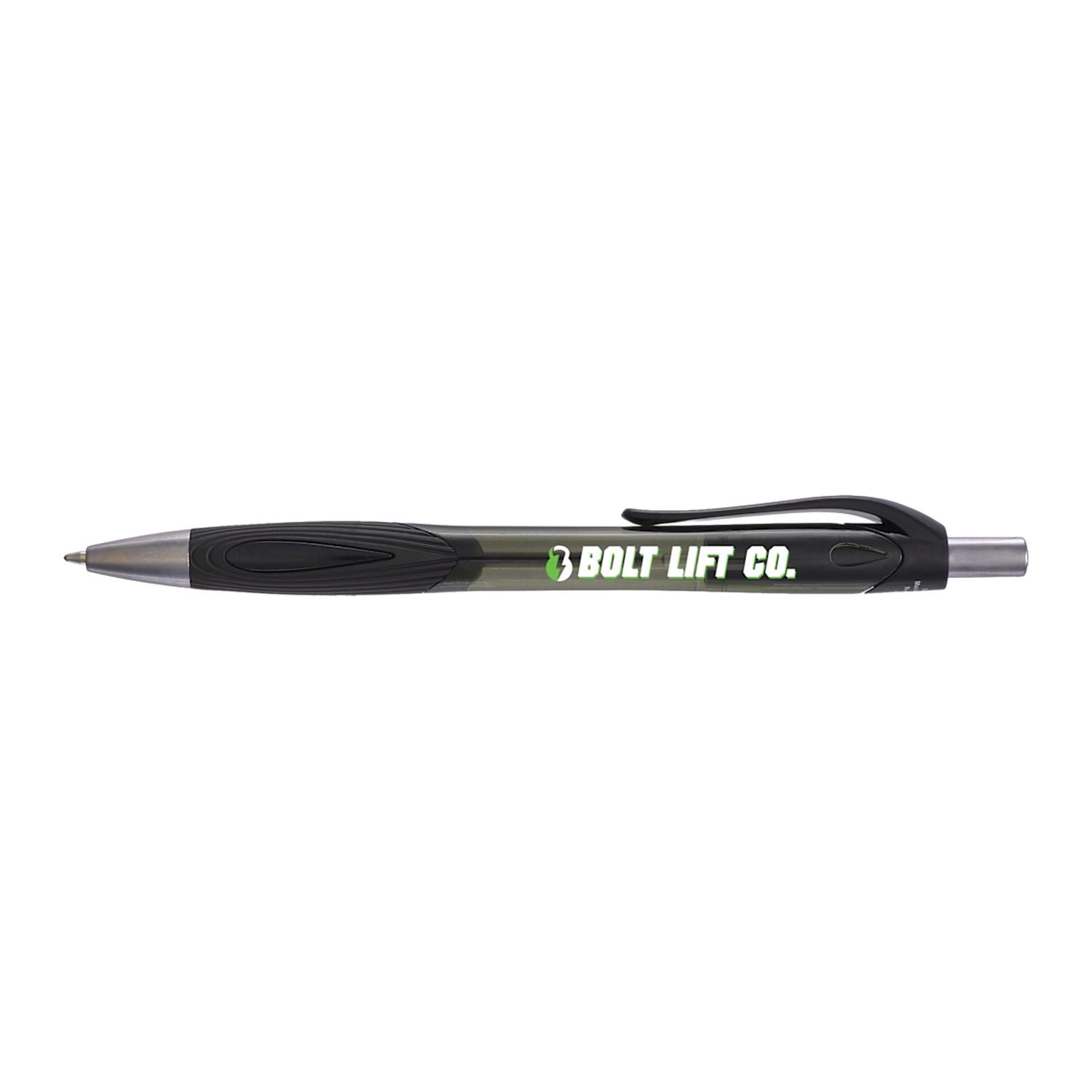 Blue pen with silver accents on a white background