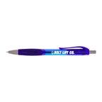 Blue pen with  branding on a white background