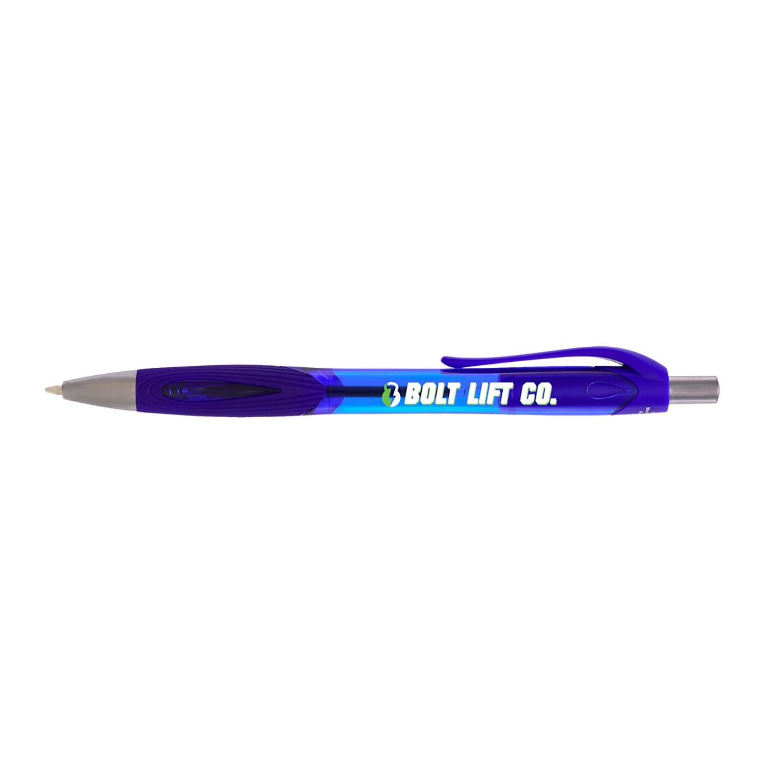 Blue pen with  branding on a white background