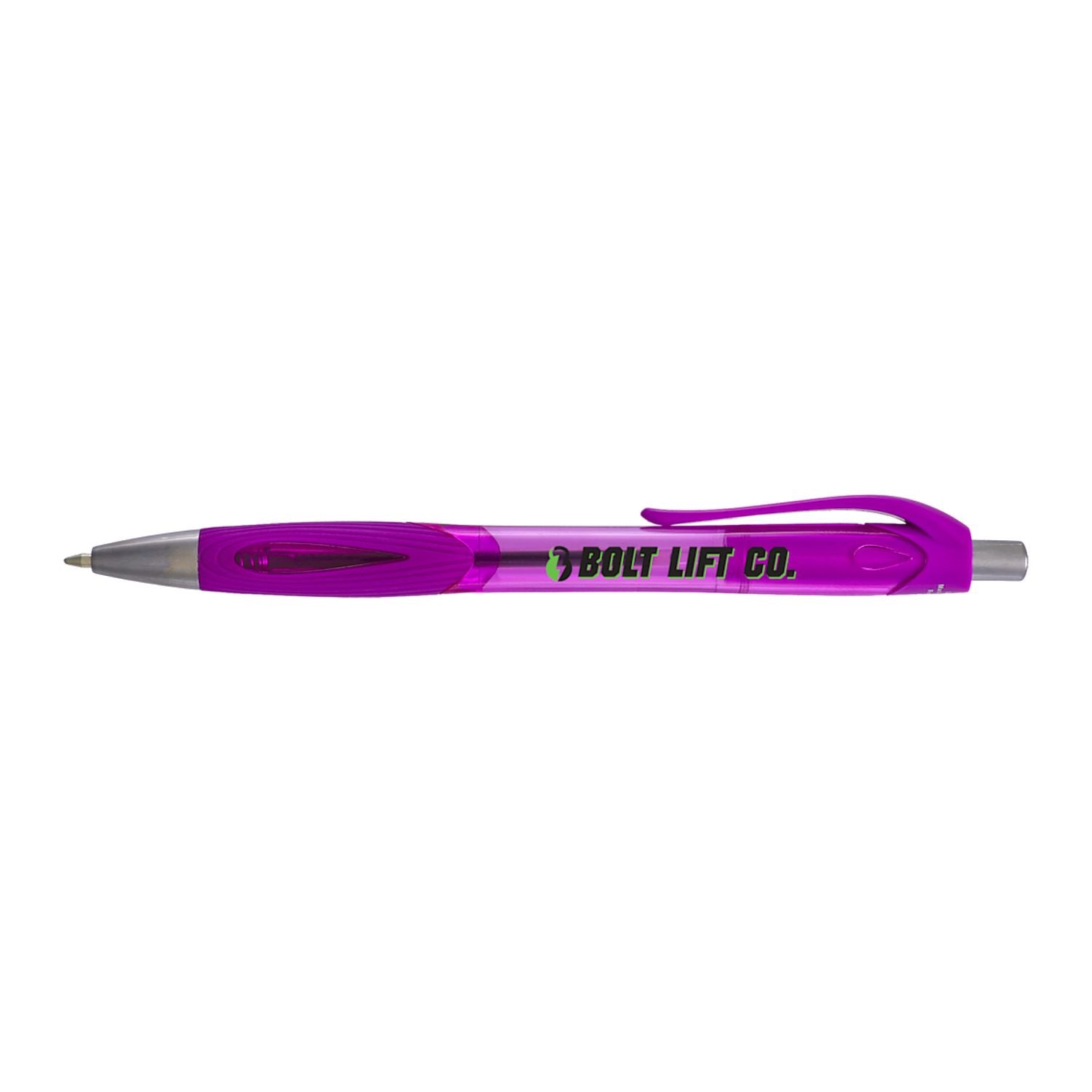 Purple pen with branding on a white background