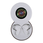 Wireless earbuds in a white case with a colorful custom logo