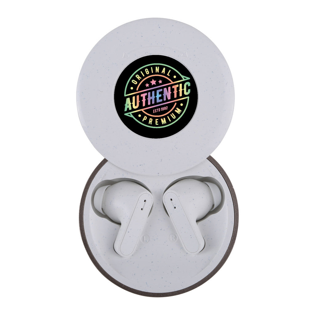 Wireless earbuds in a white case with a colorful custom logo