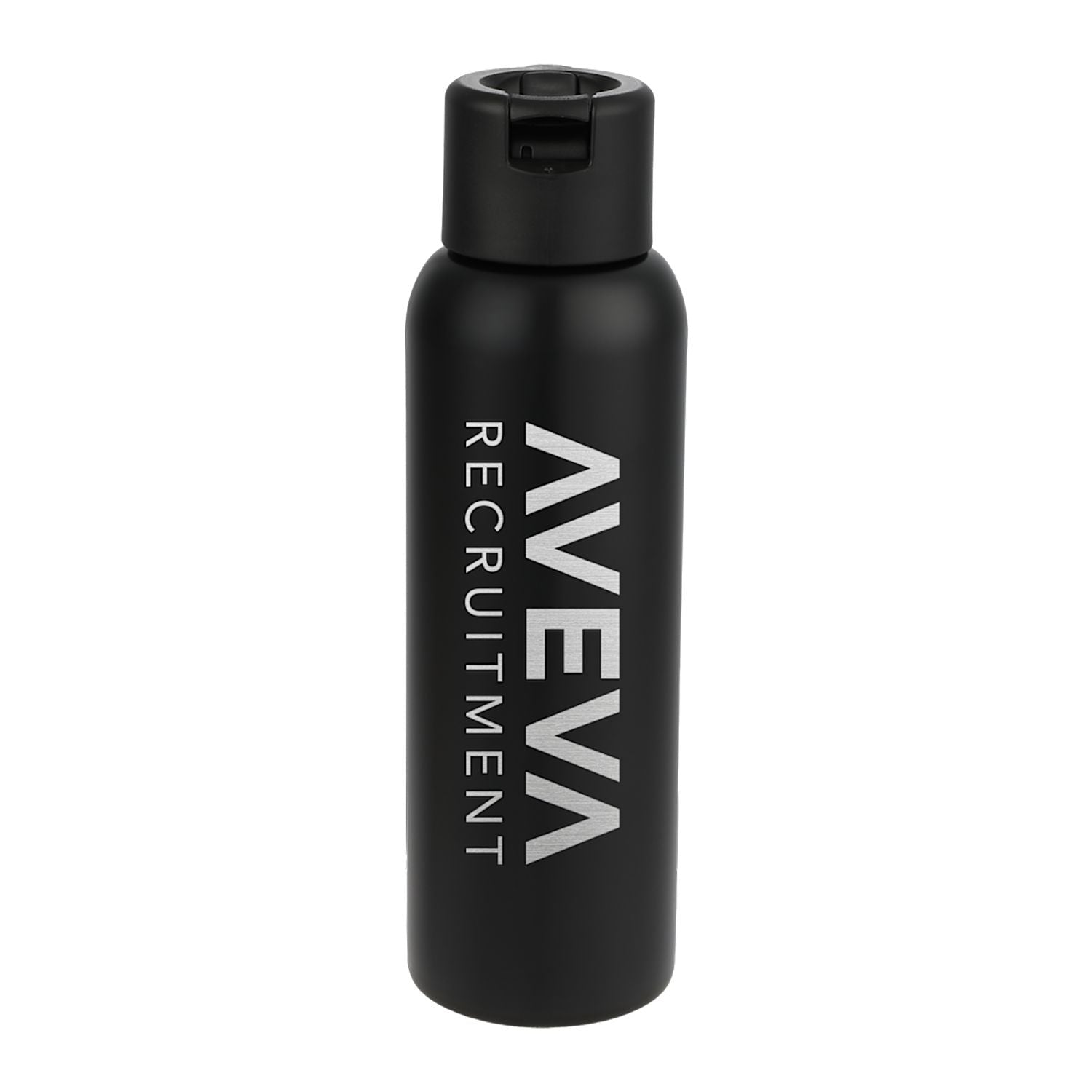Black water bottle with a custom logo