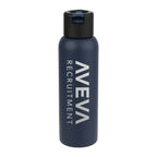 Navy blue water bottle with a custom logo