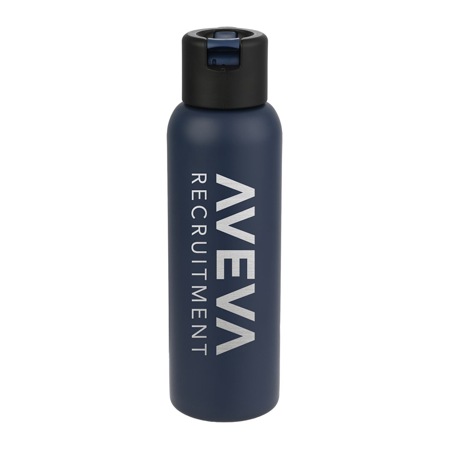 Navy blue water bottle with a custom logo