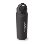 Black water bottle with branding on a white background