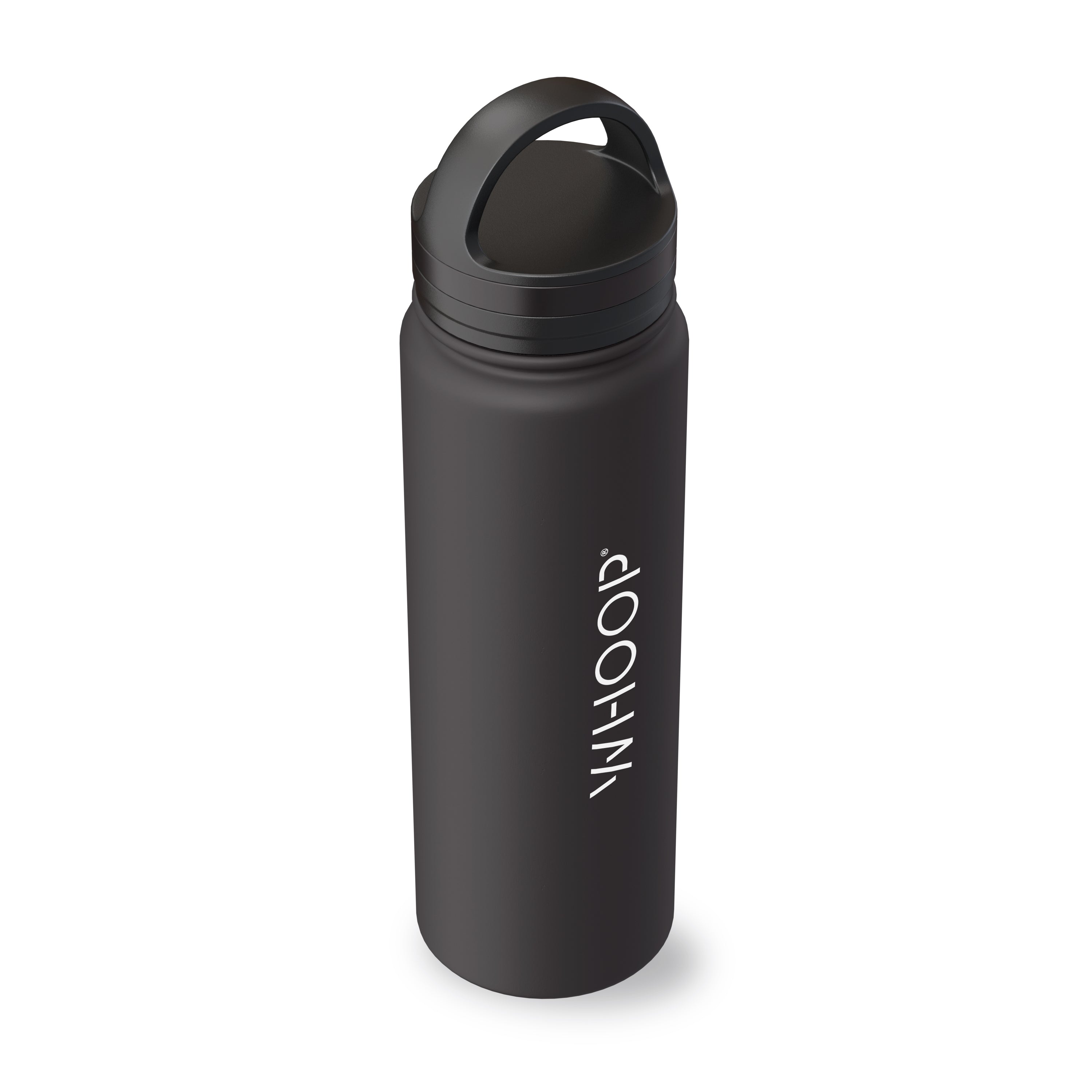Black water bottle with branding on a white background