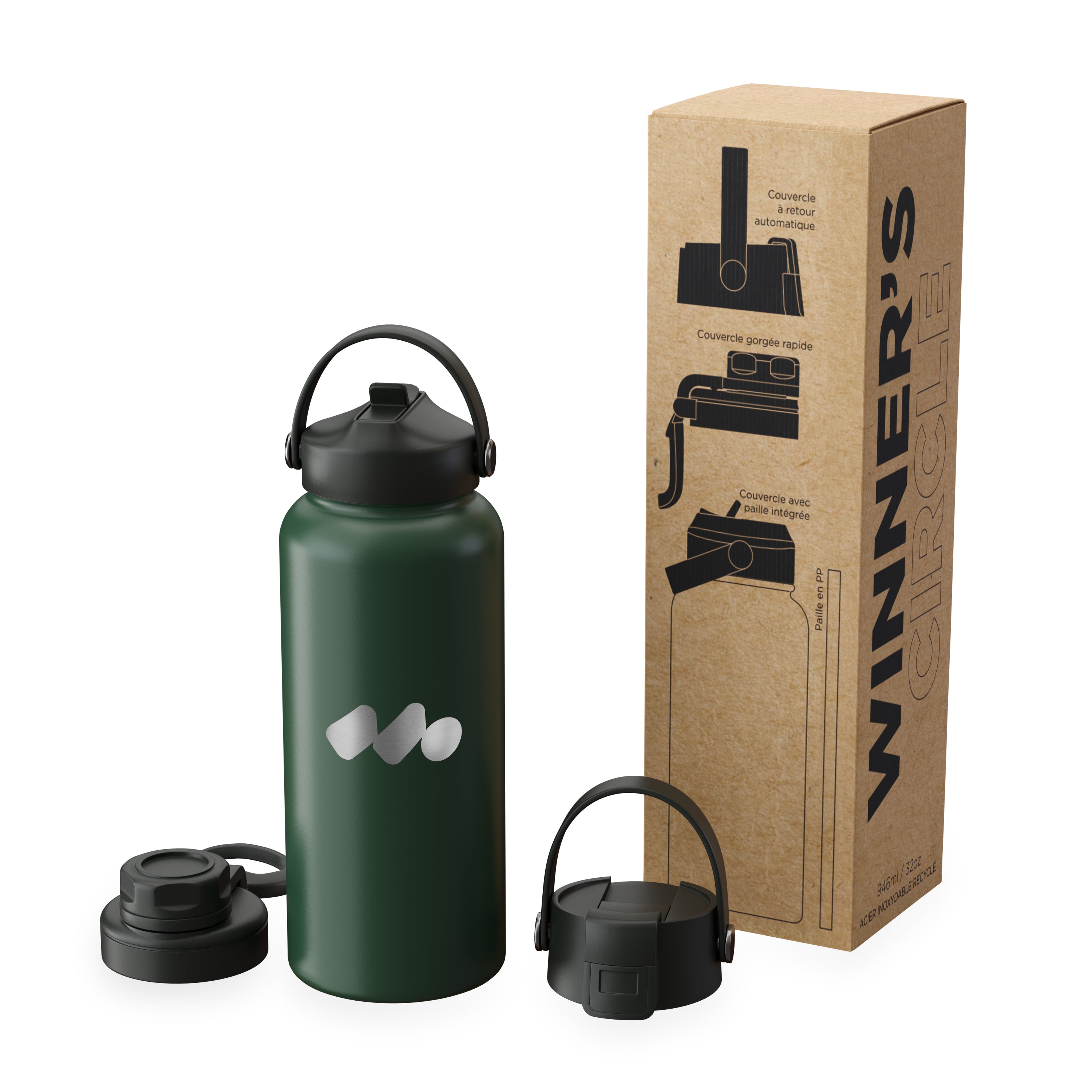 Green Black Winner's Circle 32oz Recycled Stainless Steel Bottle With Cap Kit 