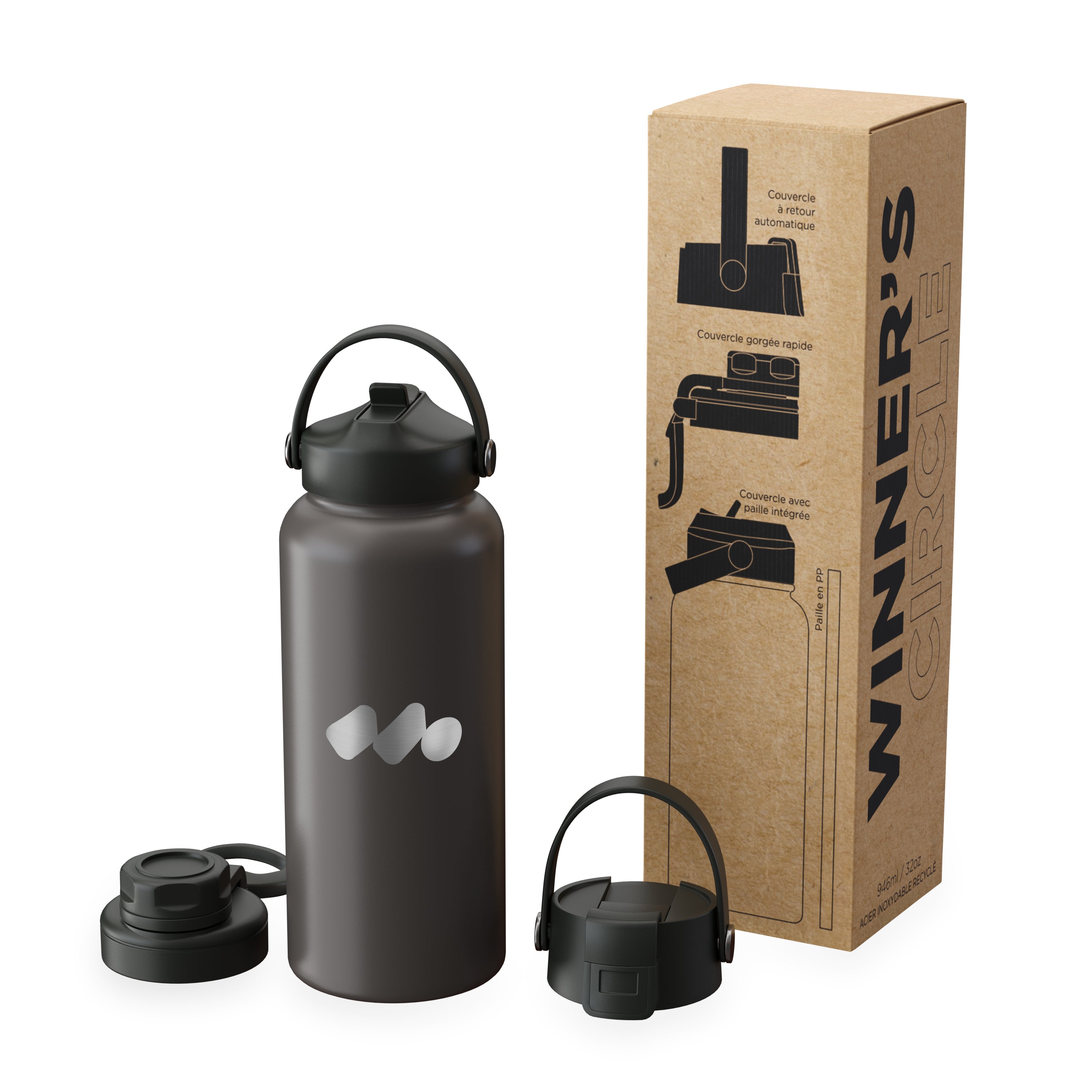 Gray Black Winner's Circle 32oz Recycled Stainless Steel Bottle With Cap Kit 