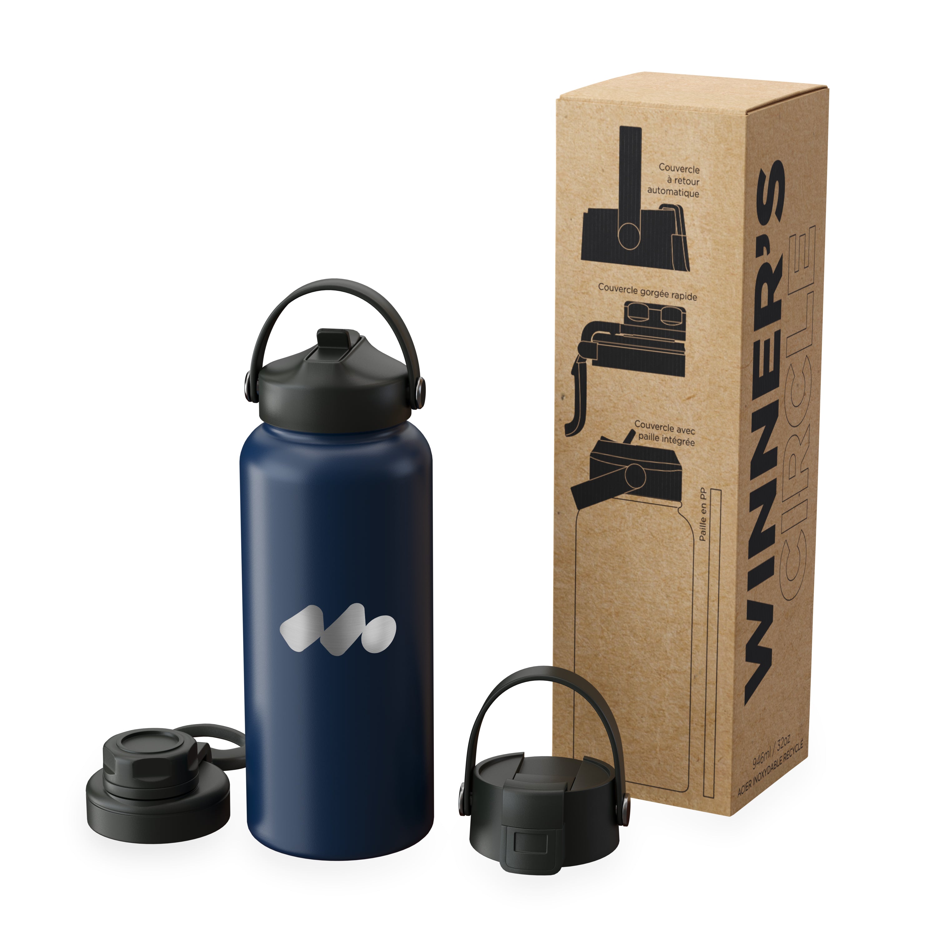 Navy Blue Winner's Circle 32oz Recycled Stainless Steel Bottle With Cap Kit