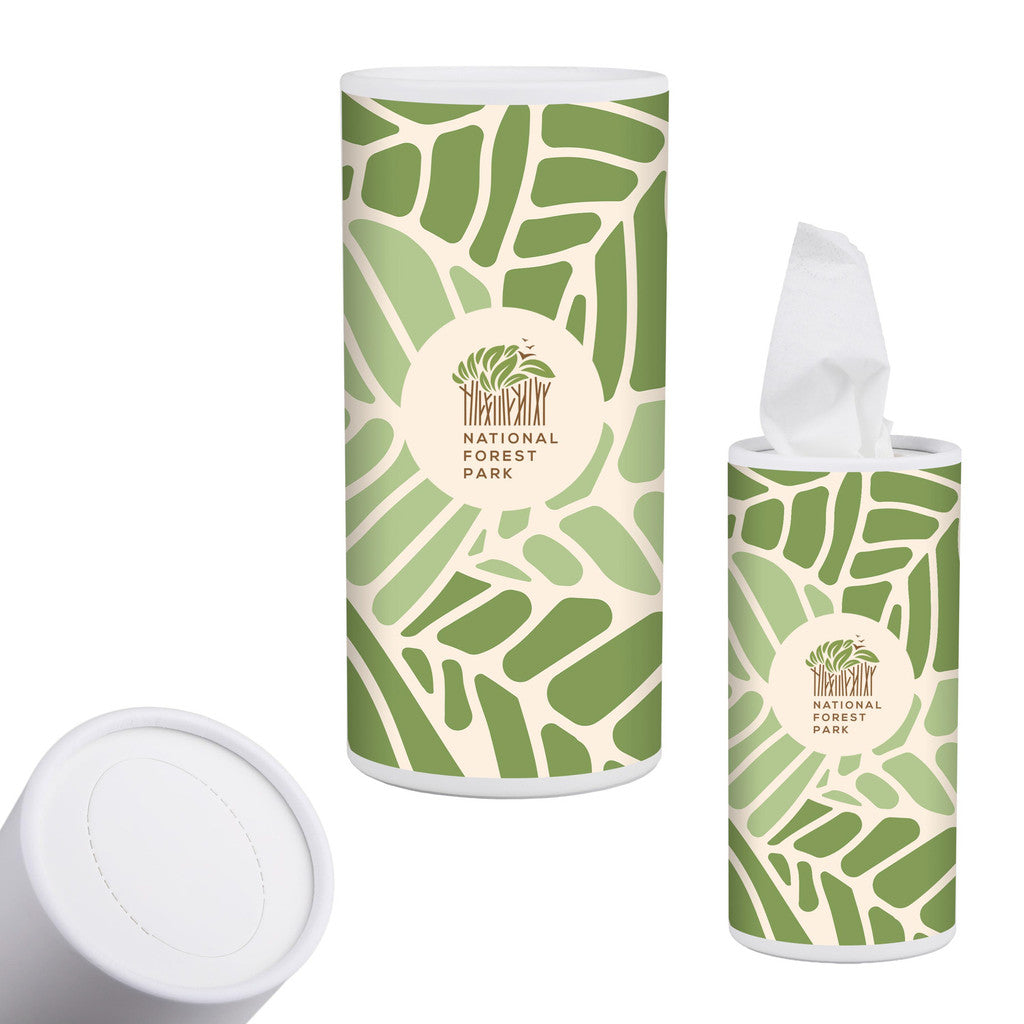 E-Z Sneezy Tissue Dispenser shown with a full color label