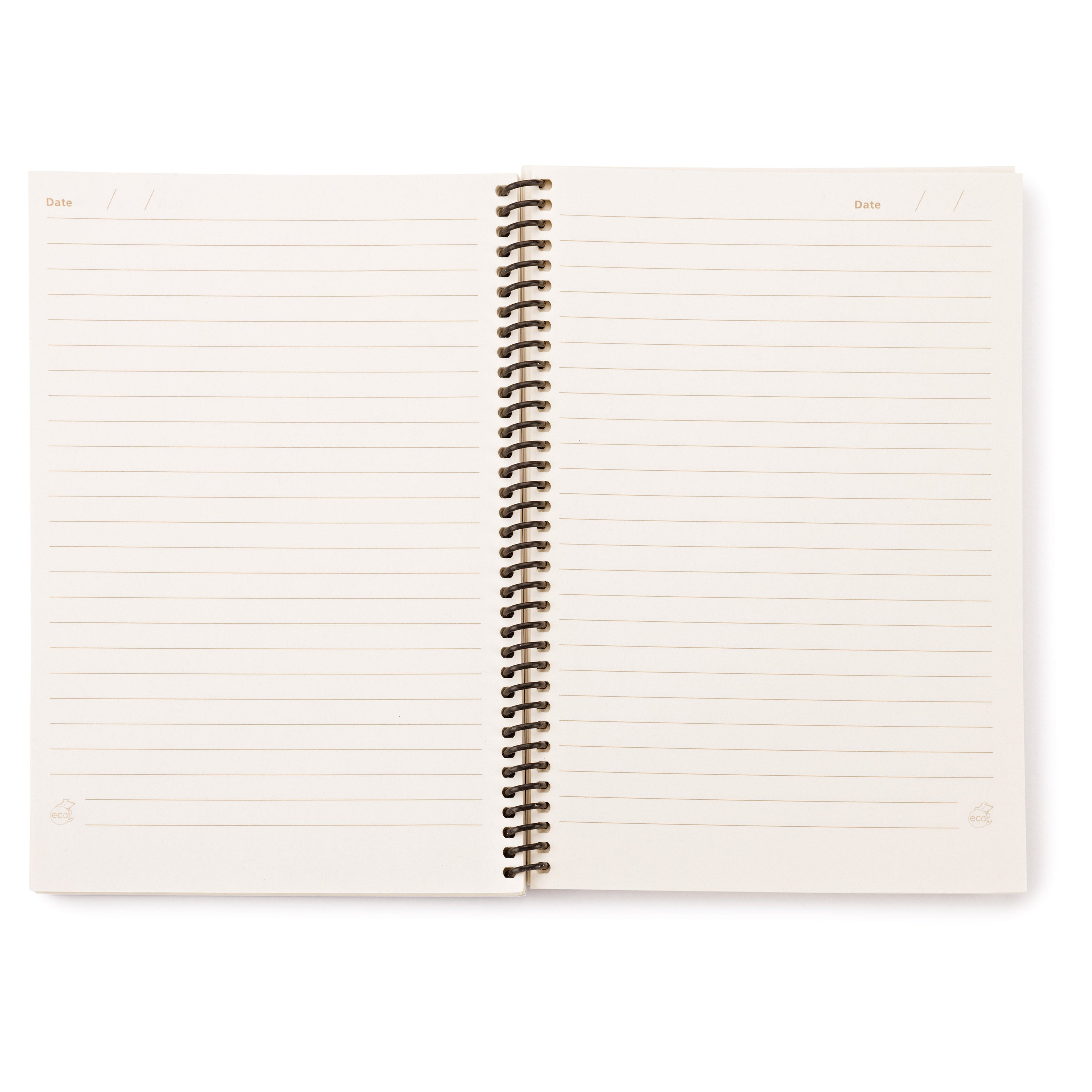 Open notebook with spiral binding on a white background