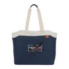 Navy tote bag with white handles featuring a logo on a white background
