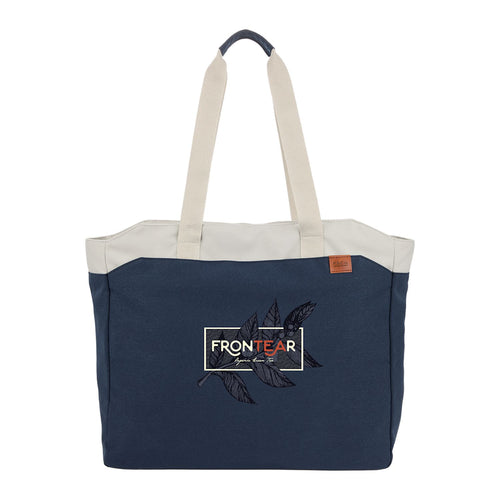 Navy tote bag with white handles featuring a logo on a white background