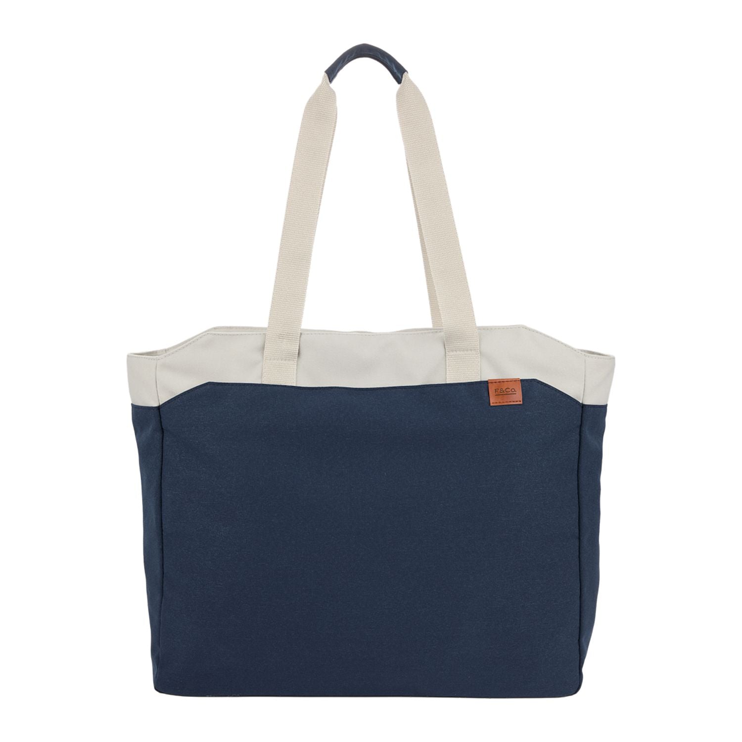 Navy tote bag with white handles on a white background