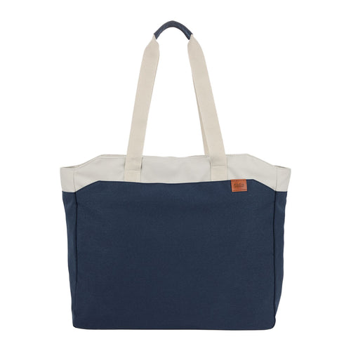 Navy tote bag with white handles on a white background
