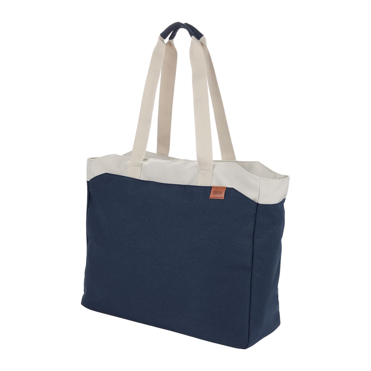 Navy tote bag with beige handles on a white background