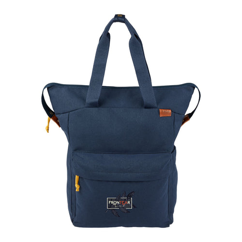 Blue backpack with visible brand logo on a white background