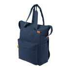 Navy blue backpack with a strap on a white background