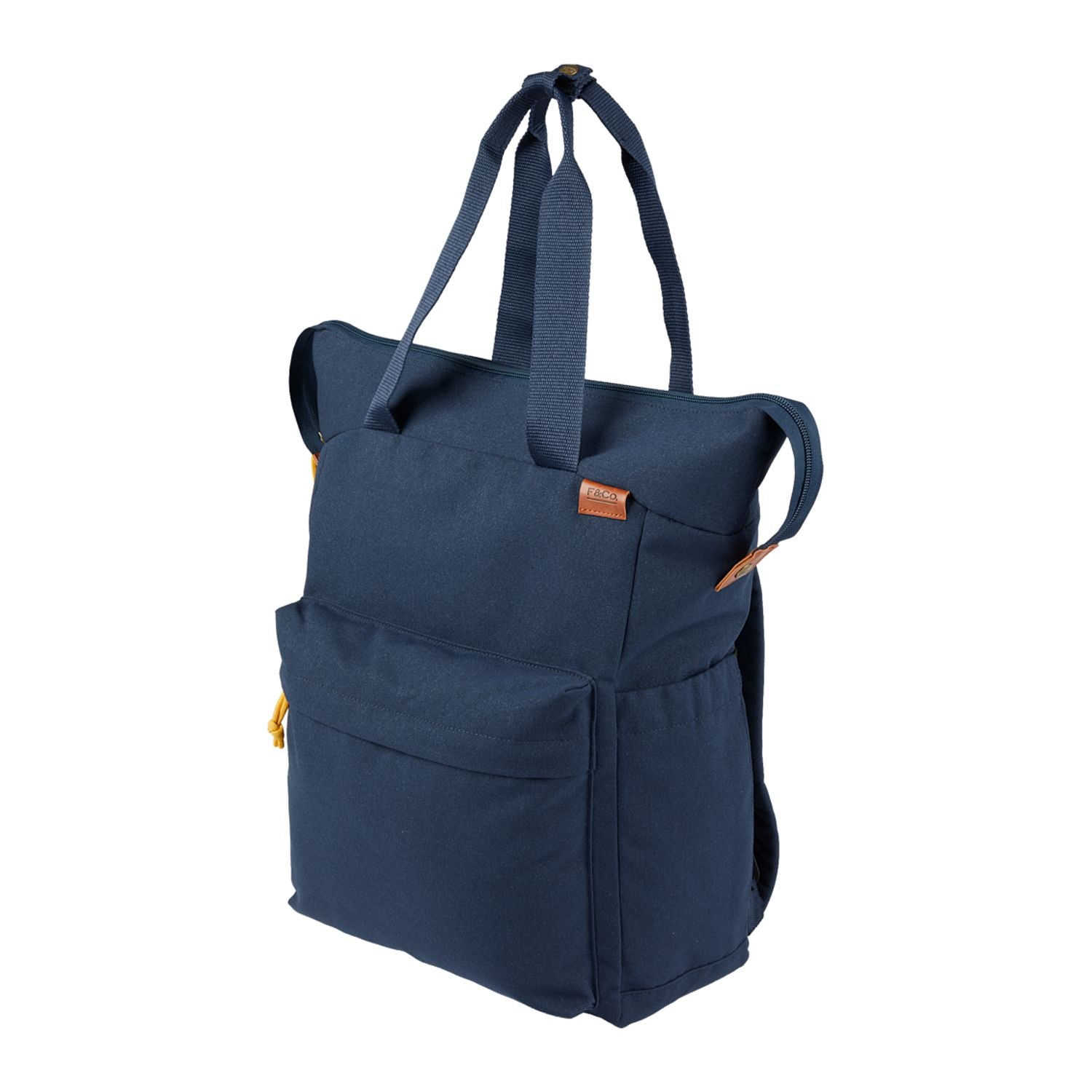 Navy blue backpack with a strap on a white background