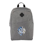 Gray backpack with a logo on a white background