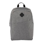 Gray backpack with a black patch on a white background