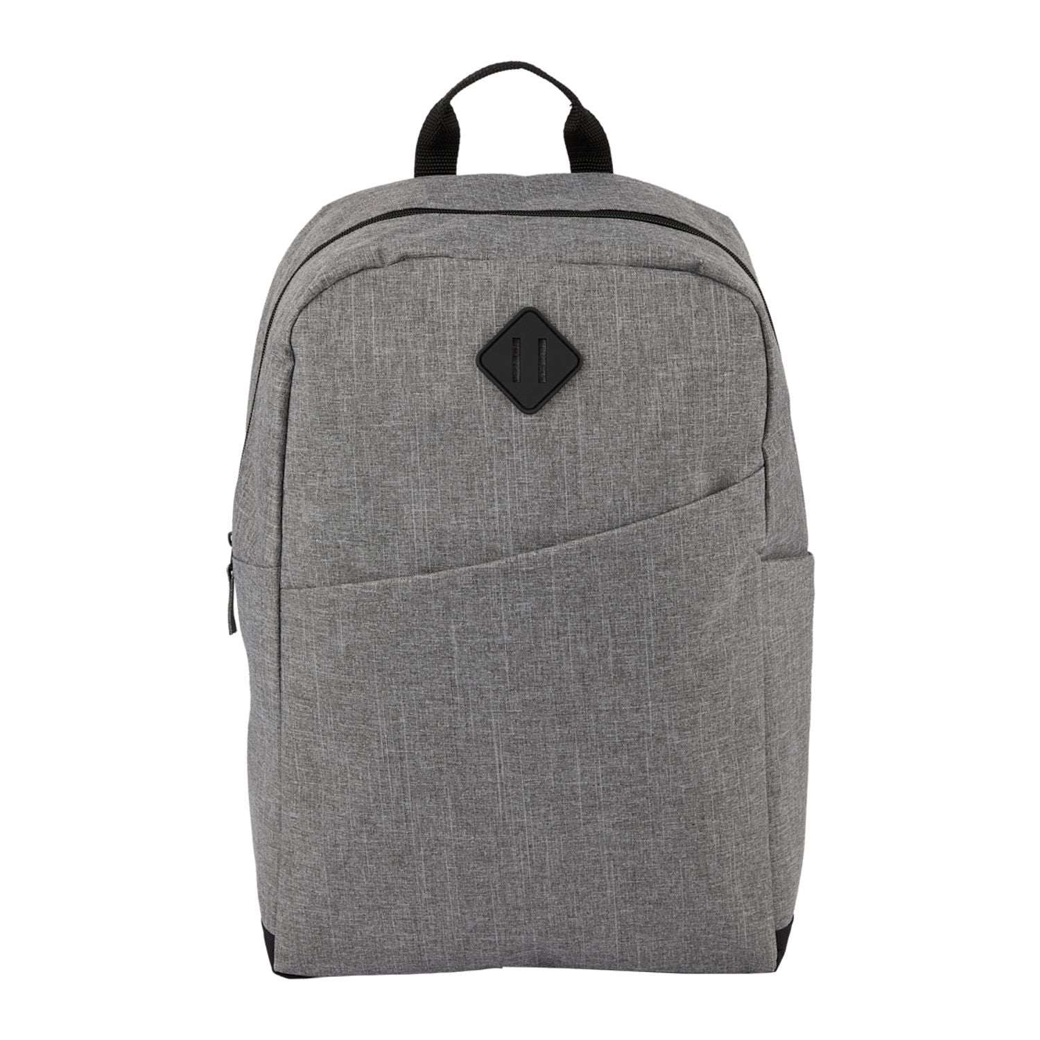 Gray backpack with a black patch on a white background