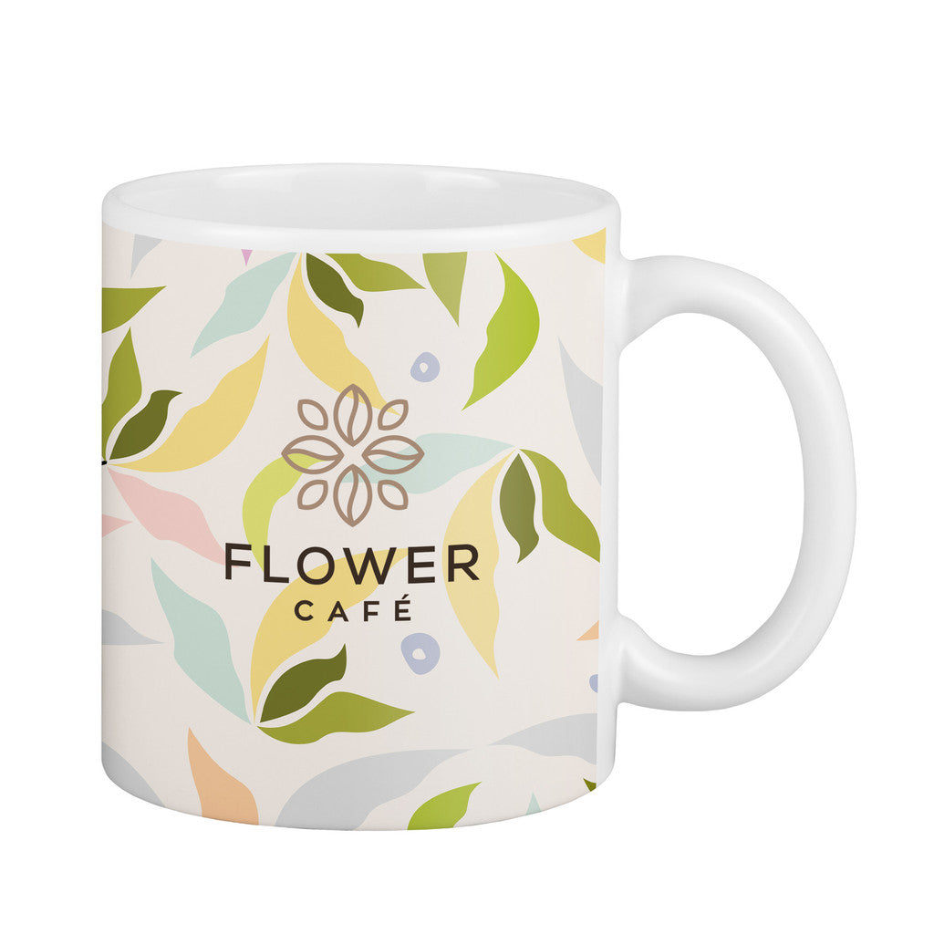 Full Color 11 Oz White Matte Ceramic Mug shown with a custom logo