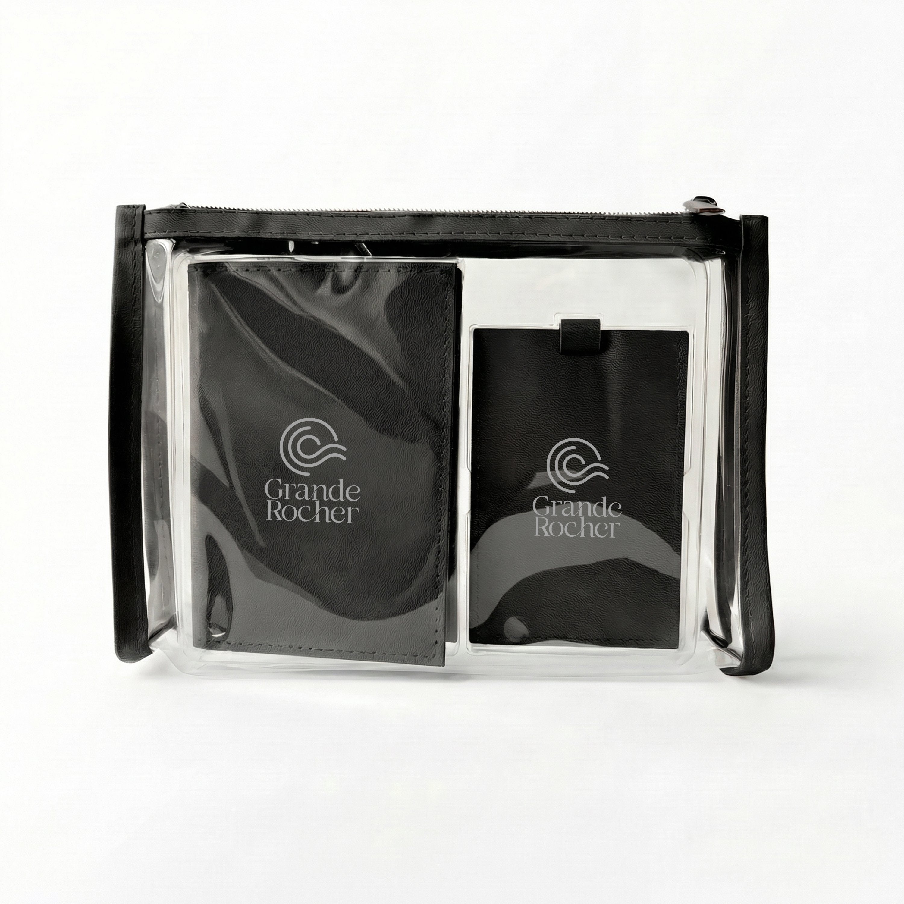 Black ColorPulse Passport Holder & Luggage Tag with custom logos on the items